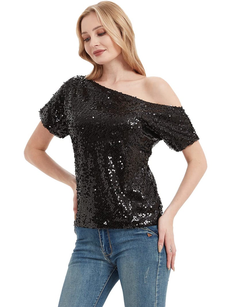 Anna-Kaci Womens Short Sleeve One Shoulder Sparkly Glitter Sequin Top Shirt Blouse, Black, X-Large - Image 4